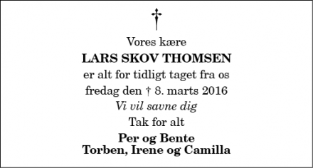 Dødsannoncen for Lars Skov Thomsen - Aalborg (Gistrup)
