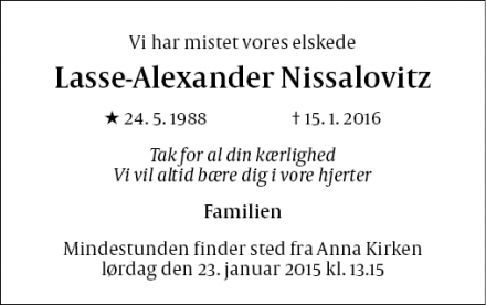 Dødsannoncen for Lasse-Alexander Nissalovitz - Nørrebro