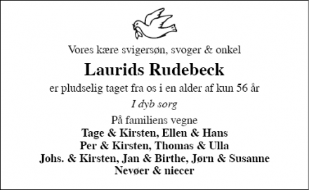 Dødsannoncen for Laurids Rudebeck - Tønder