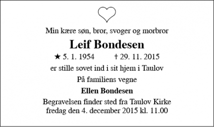 Dødsannoncen for Leif Bondesen - Taulov