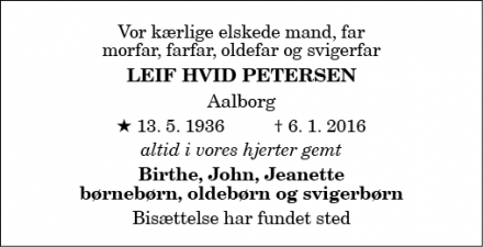 Dødsannoncen for Leif Hvid Petersen - Aalborg