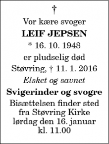 Dødsannoncen for Leif Jepsen  - Støvring