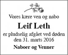Dødsannoncen for Leif Leth - Mejdal, Holstebro