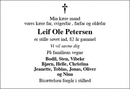 Dødsannoncen for Leif Ole Petersen - Helsingør