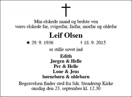 Dødsannoncen for Leif Olsen - 6091 sdr.Bjert