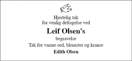 Dødsannoncen for Leif Olsen - 6091 sdr. Bjert    (6000 Kolding)