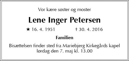 Dødsannoncen for Lene Inger Petersen - Humlebæk