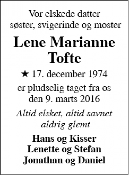 Dødsannoncen for Lene Marianne Tofte - esbjerg