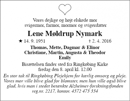 Dødsannoncen for Lene Møldrup Nymark - Ringkøbing