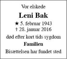 Dødsannoncen for Leni Bak - Helsingør
