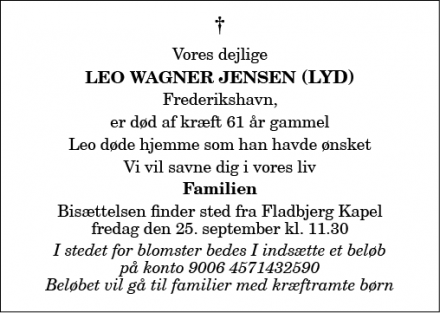 Dødsannoncen for Leo Wagner Jensen - Frederikshavn