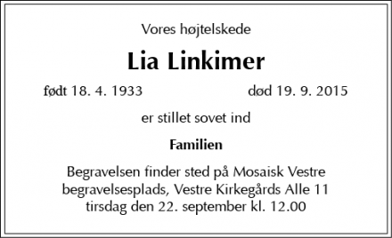 Dødsannoncen for Lia Linkimer - Ballerup