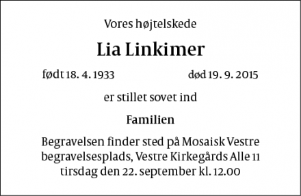 Dødsannoncen for Lia Linkimer - Ballerup