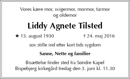Dødsannoncen for Liddy Agnete Tilsted - Gentofte