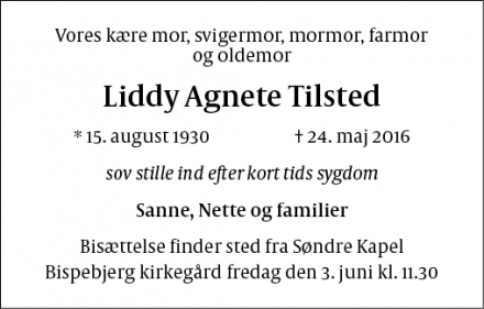 Dødsannoncen for Liddy Agnete Tilsted - Gentofte