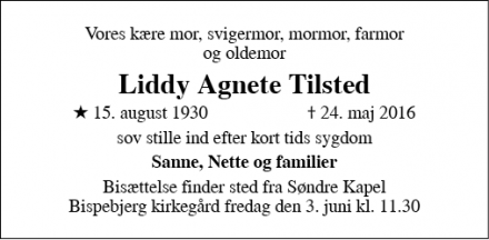 Dødsannoncen for Liddy Agnete Tilsted - Gentofte