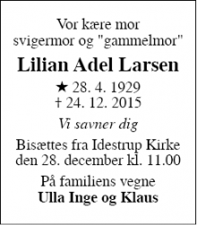 Dødsannoncen for Lilian Adel Larsen  - idestrup