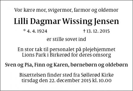 Dødsannoncen for Lilli Dagmar Wissing Jensen - Birkerød