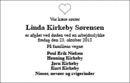 Dødsannoncen for Linda Kirkeby Sørensen - Ringkøbing