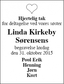 Dødsannoncen for Linda Kirkeby Sørensen - Ringkøbing