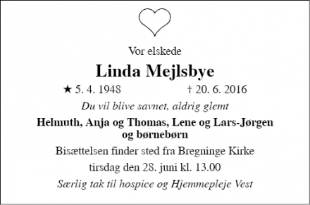 Dødsannoncen for Linda Mejlsbye - Svendborg