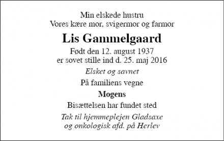 Dødsannoncen for Lis Gammelgaard - Søborg