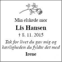 Dødsannoncen for Lis Hansen - Solvesborg (Sverige)