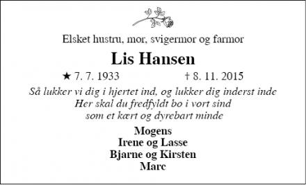 Dødsannoncen for Lis Hansen - Sølvesborg (Sverige)