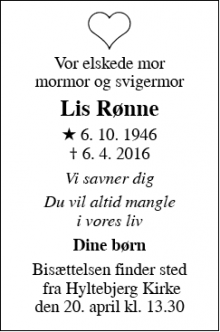 Dødsannoncen for Lis Rønne - Vanløse