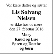 Dødsannoncen for Lis Solvang Nielsen - Glejbjerg