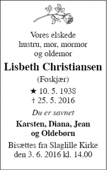 Dødsannoncen for Lisbeth Christiansen - Fjenneslev