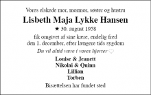 Dødsannoncen for Lisbeth Maja Lykke Hansen - Esbjerg