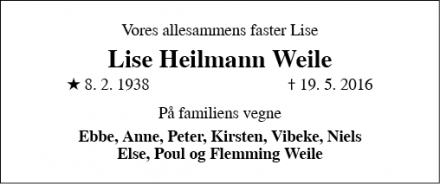 Dødsannoncen for Lise Heilmann Weile - Odense C
