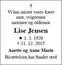 Dødsannoncen for Lise Jensen - Sakskøbing
