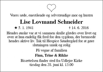 Dødsannoncen for Lise Lovmand Schneider - København V