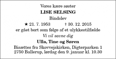 Dødsannoncen for Lise Selsing - Bindslev 