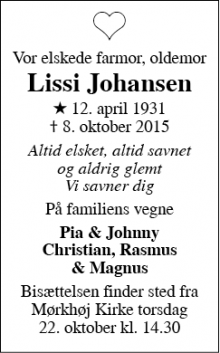 Dødsannoncen for Lissi Johansen - Herlev