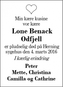Dødsannoncen for Lone Benack Odfjell - Ikast