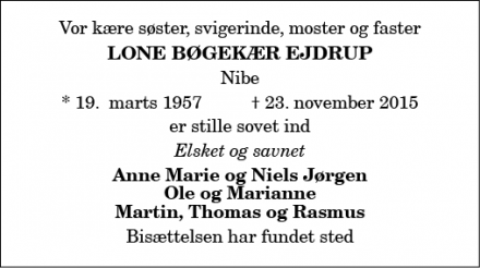 Dødsannoncen for Lone Bøgekær Ejdrup - Nibe