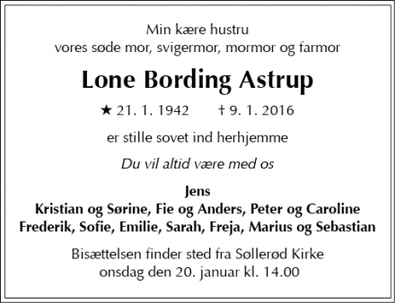 Dødsannoncen for Lone Bording Astrup - Holte