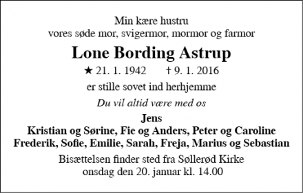 Dødsannoncen for Lone Bording Astrup - Holte