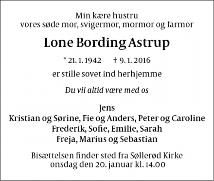 Dødsannoncen for Lone Bording Astrup - Holte