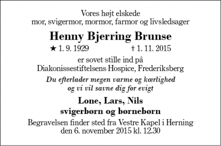 Dødsannoncen for Henny Bjerring Brunse - Herning