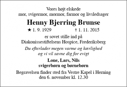 Dødsannoncen for Henny Bjerring Brunse - Herning