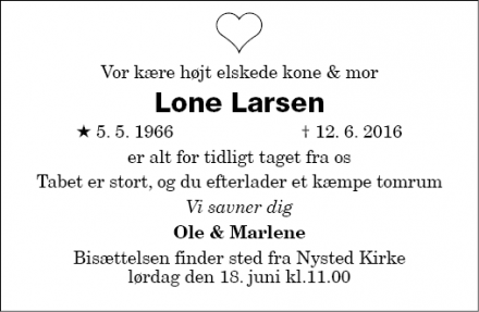 Dødsannoncen for Lone Larsen - Nysted