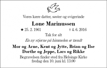 Dødsannoncen for Lone Marinussen - Helsinge