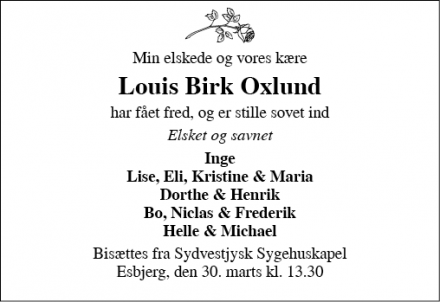 Dødsannoncen for Louis Birk Oxlund - Bække