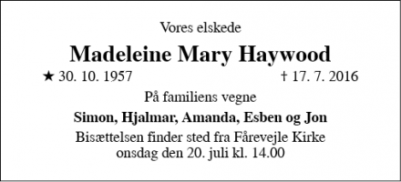 Dødsannoncen for Madeleine Mary Haywood - Fårevejle/København