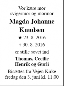 Dødsannoncen for Magda Johanne Knudsen - Vejen