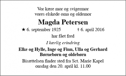Dødsannoncen for Magda Petersen - Sønderborg